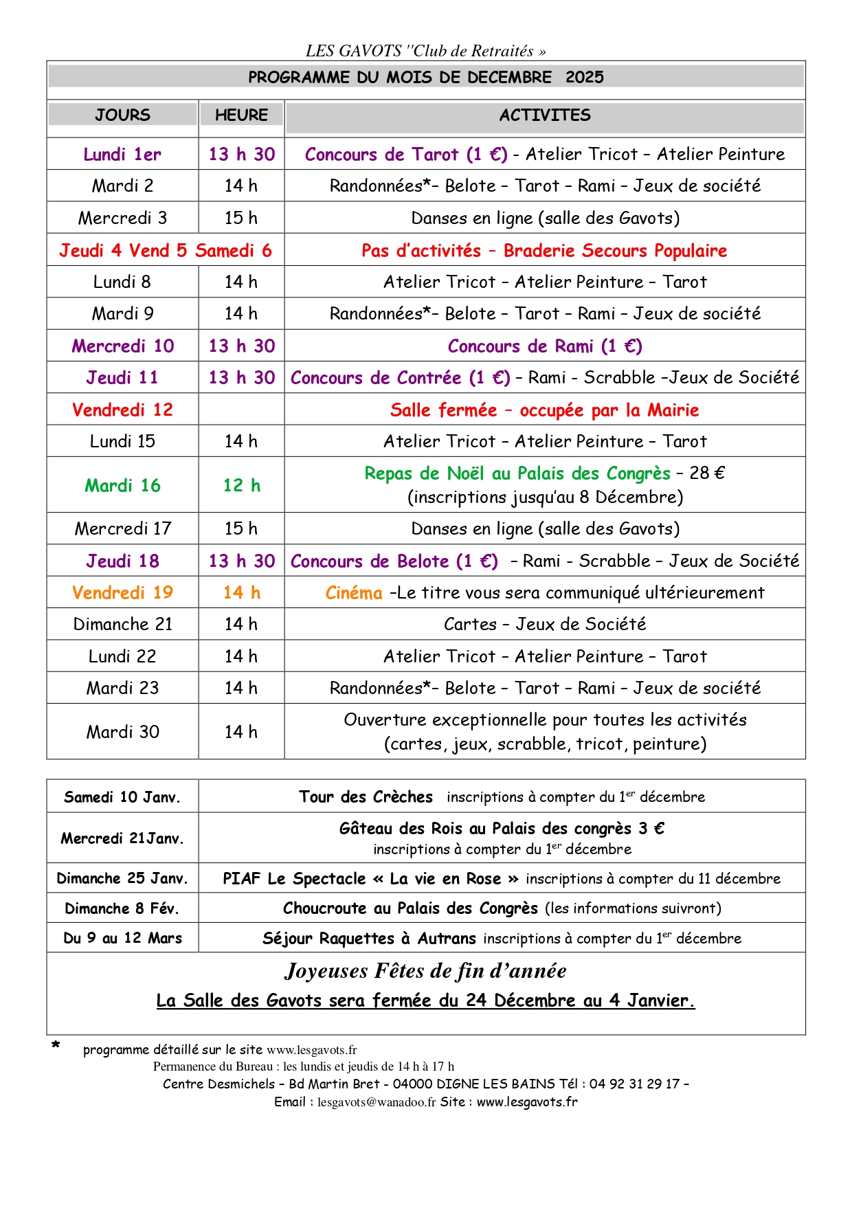 PROGRAMME DU MOIS de Décembre 2025