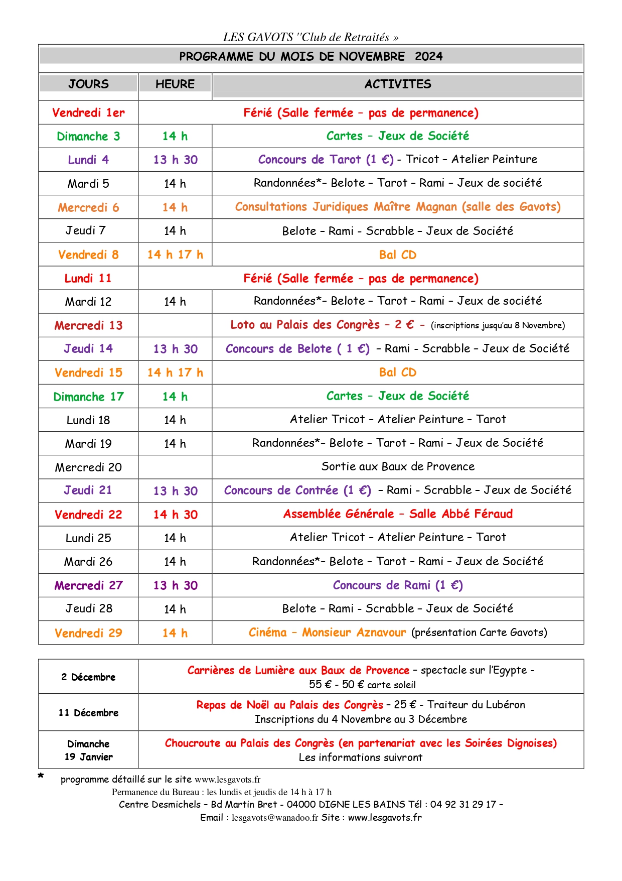 PROGRAMME DU MOIS de Novembre 2024