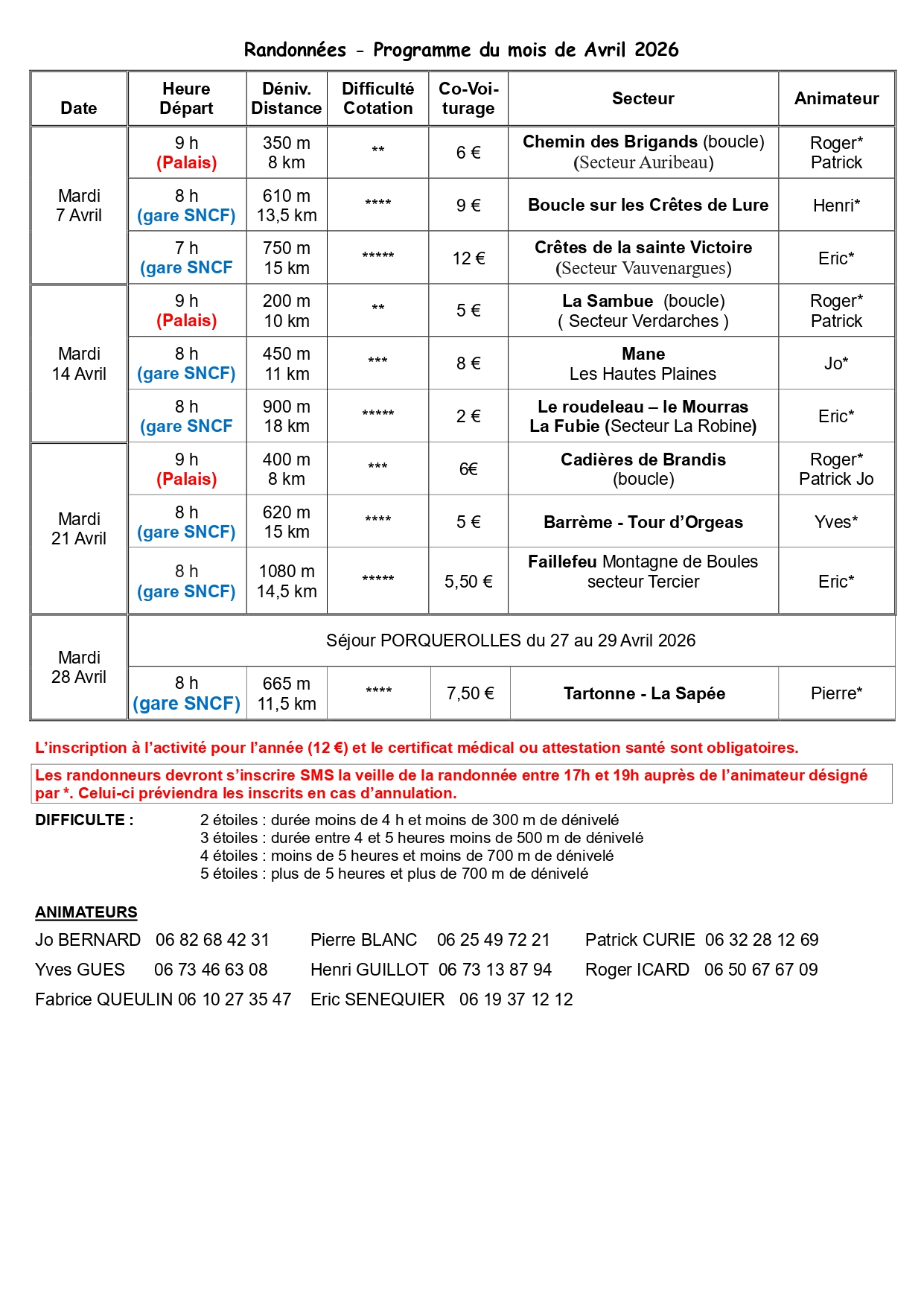 programme Randos Avril 2026